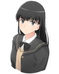  1girl amagami ayatsuji_tsukasa bangs black_bow black_hair black_jacket blazer blunt_bangs bow bowtie cropped_arms cropped_torso eyebrows_visible_through_hair grey_eyes grey_sweater highres jacket long_hair looking_at_viewer open_blazer open_clothes open_jacket shiny shiny_hair shirt simple_background smile solo sweater ucukrtz upper_body white_background white_shirt 