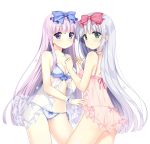  2girls :o airi_(alice_or_alice) alice_or_alice ass babydoll back bangs bare_shoulders blue_babydoll blue_bow blue_panties bow bow_panties breasts cleavage closed_mouth collarbone commentary_request eyebrows_visible_through_hair fingernails flower green_eyes hair_bow hair_flower hair_ornament hand_holding interlocked_fingers long_hair medium_breasts multiple_girls panties parted_lips pink_babydoll pink_panties pixiv purple_hair red_bow rise_(alice_or_alice) see-through side-tie_panties silver_hair simple_background sisters small_breasts smile twins underwear underwear_only verjuice very_long_hair violet_eyes white_background white_flower wrist_cuffs 