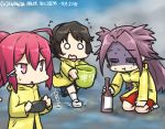  3girls bucket cellphone commentary_request dated drunk flying_sweatdrops fog gym_shorts hair_ribbon hamu_koutarou i-168_(kantai_collection) jun&#039;you_(kantai_collection) kantai_collection long_hair meta miyuki_(kantai_collection) multiple_girls ocean phone ponytail purple_hair raincoat redhead ribbon shorts smartphone spiky_hair standing standing_on_liquid sweat walking walking_on_liquid 