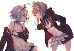  2girls akieda apron artoria_pendragon_(all) bare_shoulders bikini_top black_jacket black_ribbon blonde_hair braid breasts cleavage clenched_teeth collar commentary_request eyebrows_visible_through_hair fate/grand_order fate_(series) french_braid hand_in_pocket jacket jeanne_d&#039;arc_(alter)_(fate) jeanne_d&#039;arc_(fate)_(all) large_breasts looking_at_viewer maid_apron maid_headdress medium_breasts midriff miniskirt multiple_girls navel outstretched_hand ribbon saber_alter short_hair silver_hair sitting skirt standing teeth yellow_eyes 