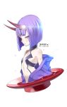  1girl alcohol bangs bare_shoulders breasts closed_mouth collarbone cup eyebrows_visible_through_hair eyeliner fang fang_out fate/grand_order fate_(series) headpiece highres hikimayu makeup midriff navel off_shoulder oni oni_horns petals purple_hair sakazuki sake short_hair shuten_douji_(fate/grand_order) simple_background small_breasts smile solo twitter_username upper_body violet_eyes white_background white_skin yuuzii 