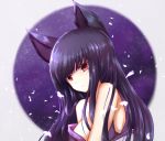  1girl animal_ears bangs bare_shoulders blush breasts cat_ears closed_mouth collarbone commentary_request eyebrows_visible_through_hair habu_rin hair_between_eyes head_tilt long_hair looking_at_viewer looking_to_the_side medium_breasts original petals purple_hair red_eyes solo very_long_hair 