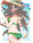  1girl ass bikini blue_eyes blue_sky brown_hair clouds cowboy_shot darling_in_the_franxx day frilled_bikini frills from_behind green_bikini hat highres kokoro_(darling_in_the_franxx) long_hair looking_at_viewer looking_back outdoors sky solo standing straw_hat sun_hat swimsuit waterring 