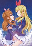  2girls :d aikatsu! aikatsu!_(series) blazer blonde_hair blue_jacket blush braid brown_hair closed_mouth clouds commentary_request eye_contact hair_ribbon highres hoshimiya_ichigo jacket long_hair looking_at_another multiple_girls night night_sky oozora_akari open_mouth outdoors pink_ribbon pleated_skirt profile red_ribbon ribbon round_teeth rurukuru school_uniform shirt skirt sky smile star_(sky) starlight_academy_uniform starry_sky teeth tiara upper_teeth very_long_hair violet_eyes white_shirt yuri 