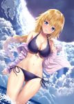  1girl :d absurdres bangs bare_shoulders bikini black_bikini blonde_hair blue_bow blue_eyes blue_sky blush bow breasts cleavage clouds cloudy cloudy_sky collarbone cowboy_shot eyebrows_visible_through_hair fate/apocrypha fate_(series) front-tie_top gluteal_fold groin hair_between_eyes hair_bow heirou highres hood hood_down hoodie jeanne_d&#039;arc_(fate) jeanne_d&#039;arc_(fate)_(all) large_breasts legs_together long_hair long_sleeves looking_at_viewer midriff navel off_shoulder open_clothes open_hoodie open_mouth partially_submerged shiny shiny_skin side-tie_bikini sky smile solo standing stomach swimsuit very_long_hair water 
