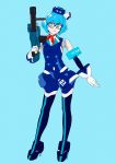  1girl android aqua_background aqua_eyes ascot bangs black_legwear blue blue_hair blue_hat bob_cut contrapposto e.x._troopers eyebrows_visible_through_hair full_body glasses gloves gun hat high_heels highres holding holding_gun holding_weapon looking_at_viewer ojipon pale_skin red_neckwear robot robot_joints short_hair simple_background smile solo thigh-highs w.i.z-gamma weapon white_gloves 
