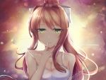  1girl abstract_background artist_name breasts brown_hair cleavage collarbone commentary doki_doki_literature_club dress english_commentary eyes_visible_through_hair finger_to_mouth green_eyes hair_ribbon highres long_hair looking_at_viewer medium_breasts monika_(doki_doki_literature_club) nekomine14 ponytail ribbon smile solo upper_body white_dress white_ribbon 