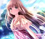  1girl ayase_midori bangs blue_sky blurry blurry_background blush bracelet brown_eyes brown_hair closed_mouth clouds cloudy_sky commentary_request day depth_of_field dress eyebrows_visible_through_hair idolmaster idolmaster_cinderella_girls idolmaster_cinderella_girls_starlight_stage jewelry leaf long_hair outdoors plaid plaid_dress red_dress sky smile solo very_long_hair water yorita_yoshino 