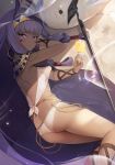  1girl animal_ears ass bangs bikini blunt_bangs bug butterfly earrings facial_mark fate/grand_order fate_(series) insect jackal_ears jewelry lens_flare long_hair looking_at_viewer lying medjed nitocris_(fate/grand_order) nitocris_(swimsuit_assassin)_(fate) on_side purple_hair shoulder_blades solo swimsuit very_long_hair violet_eyes yumaomi 