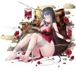  1girl absurdres arm_up bandage bandaged_leg bangs bare_shoulders barefoot black_hair blood blood_bag breasts china_dress chinese_clothes cleavage cleavage_cutout commentary_request dress egasumi eyebrows_visible_through_hair eyepatch fingernails floral_print flower grey_eyes highres holding holding_pipe ia_(ias1010) kiseru large_breasts long_hair medical_eyepatch no_panties original parted_lips pelvic_curtain pillow pipe print_pillow red_cross red_dress red_flower rose_print sitting sleeveless sleeveless_dress smoke smoking solo very_long_hair 