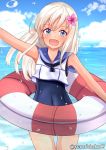  1girl blonde_hair blue_eyes blue_sky clouds covered_navel cowboy_shot crop_top fang flower hair_flower hair_ornament horizon kantai_collection lifebuoy looking_at_viewer namidako ocean one-piece_tan open_mouth outdoors ro-500_(kantai_collection) sailor_collar school_swimsuit sky smile solo swimsuit swimsuit_under_clothes tan tanline waving 