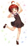  1girl :d ahoge bobby_socks brown_dress brown_footwear chunithm commentary_request double_v dress eyebrows_visible_through_hair full_body hisasi irodorimidori looking_at_viewer open_mouth puffy_short_sleeves puffy_sleeves red_eyes shoes short_hair short_sleeves simple_background smile socks solo tsukisuzu_nachi v yellow_eyes 