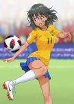  1girl adidas blurry brazil brazilian_flag cleats depth_of_field earrings grass grey_hair highres jersey jewelry kicking necklace nigou nike open_mouth original shoelaces skirt soccer sweat violet_eyes world_cup 