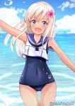  1girl blonde_hair blue_eyes blue_sky clouds commentary_request covered_navel cowboy_shot crop_top fang flower gluteal_fold hair_flower hair_ornament horizon kantai_collection looking_at_viewer namidako ocean one-piece_tan open_mouth outdoors ro-500_(kantai_collection) sailor_collar school_swimsuit sky smile solo swimsuit swimsuit_under_clothes tan tanline waving 