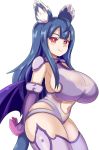  1girl alternate_breast_size alternate_hairstyle animal_ears blue_hair blush breasts curvy eyebrows_visible_through_hair familiar_(monster_girl_encyclopedia) fang fang_out highres huge_breasts long_hair looking_at_viewer monster_girl monster_girl_encyclopedia nav navel red_eyes sideboob simple_background skindentation smile solo star star-shaped_pupils symbol-shaped_pupils tail thick_thighs thighs white_background 