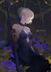  1girl artoria_pendragon_(all) bangs bare_shoulders black_dress black_gloves black_ribbon blonde_hair braid character_name closed_mouth collarbone commentary_request copyright_name dark_excalibur dress echosdoodle elbow_gloves eyebrows_visible_through_hair fate/stay_night fate_(series) flower gloves hair_between_eyes hair_bun hair_ribbon halterneck holding holding_sword holding_weapon looking_away petals profile purple_flower rain ribbon saber_alter sleeveless sleeveless_dress solo sword weapon yellow_eyes 