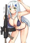  absurdres assault_rifle bent_over bikini blush breasts character_name cleavage eyebrows eyebrows_visible_through_hair girls_frontline green_eyes gun hair_ornament heckler_&amp;_koch highres hk416 hk416_(girls_frontline) looking_at_viewer negister purple_bikini rifle silver_hair sketch smile swimsuit tattoo weapon 