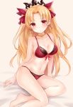  1girl bangs bare_arms bare_shoulders bed_sheet blonde_hair blush bow bow_bra bra breasts cleavage closed_mouth collarbone commentary_request earrings ereshkigal_(fate/grand_order) fate/grand_order fate_(series) hair_bow head_tilt infinity jewelry long_hair looking_at_viewer medium_breasts navel necklace necktie nikoo panties parted_bangs red_bow red_bra red_eyes red_panties sitting skull solo tiara two_side_up underwear underwear_only very_long_hair yokozuwari 
