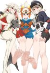  3girls ankh archon_(crusaders_quest) armor barefoot bellbottoms belt blue_gloves blush breasts candy cleavage crusaders_quest dress easy_(aqk7bdqt) feet fingerless_gloves food gloves goggles goggles_on_headwear grin guilty_gear guilty_gear_xrd hair_between_eyes hand_on_hip hand_on_thigh hands_on_hips hat helm helmet highres jack-o&#039;_valentine jacket large_breasts lollipop long_hair looking_at_viewer medium_breasts military_hat miniskirt mouth_hold multiple_girls red_eyes short_hair side_slit silver_hair simple_background skirt smile soles spiny_(crusaders_quest) violet_eyes white_background 