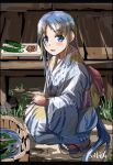  1girl blue_eyes blue_hair blush eyebrows_visible_through_hair food highres japanese_clothes kantai_collection kimono long_hair looking_at_viewer market open_mouth samidare_(kantai_collection) seitei_(04seitei) shoes sitting solo twitter_username vegetable very_long_hair yukata 