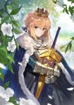  1girl ahoge andrian_gilang armor artoria_pendragon_(all) avalon_(fate/stay_night) blonde_hair blue_cape breastplate cape closed_mouth commentary_request crown day excalibur eyebrows_visible_through_hair fate/grand_order fate_(series) flower fur-trimmed_cape fur_trim gauntlets green_eyes hair_bun hair_ribbon highres holding leaf looking_at_viewer outdoors petals ribbon saber scabbard sheath shiny shiny_hair short_hair smile solo 