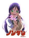  1girl artist_name bangs bow bowtie commentary_request cropped_torso dress_shirt eyebrows_visible_through_hair flower green_eyes green_neckwear holding holding_flower long_hair looking_at_viewer love_live! love_live!_school_idol_project low_twintails open_mouth otonokizaka_school_uniform partial_commentary pink_scrunchie purple_hair scrunchie shirt short_sleeves simple_background smile solo sweater sweater_vest tearing_up toujou_nozomi translated twintails upper_body white_background white_shirt yellow_sweater yuuzii 