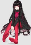  1girl bangs black_hair black_sweater blue_scarf blunt_bangs coffeedog fate/grand_order fate_(series) feet grey_background highres koha-ace legs long_hair long_sleeves looking_at_viewer neckerchief oryuu_(fate) pantyhose pink_neckwear red_eyes red_legwear scarf sidelocks simple_background sitting skirt solo sweater thighs very_long_hair 