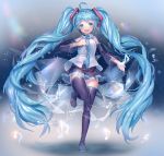  1girl :d absurdly_long_hair absurdres ahoge aqua_eyes aqua_hair boots detached_sleeves full_body hand_on_own_chest hatsune_miku headset highres komadori_ui long_hair looking_at_viewer musical_note necktie open_mouth skirt smile solo standing standing_on_one_leg thigh-highs thigh_boots twintails very_long_hair vocaloid 