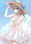  1girl anastasia_(idolmaster) bangs bare_shoulders blue_eyes blue_sky blush breasts cleavage closed_mouth coffeedog collarbone dress eyelashes hair_between_eyes hat highres idolmaster idolmaster_cinderella_girls looking_at_viewer medium_breasts outstretched_arm short_hair silver_hair sky smile solo sun_hat thighs white_dress 