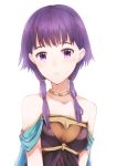  1girl bangs bare_shoulders blunt_bangs choker collarbone fire_emblem fire_emblem:_seima_no_kouseki highres long_hair looking_at_viewer low_twintails lute_(fire_emblem) parted_lips purple_hair shiny shiny_hair simple_background solo tanaka_arumi twintails upper_body violet_eyes white_background 