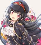  1girl armband ascot black_hair blush commentary_request flower hachiroku_(maitetsu) hair_ornament hair_stick hat highres long_hair looking_at_viewer maitetsu open_mouth peaked_cap red_eyes smile solo tamayan upper_body 