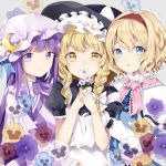  3girls alice_margatroid apron bangs black_hat black_shirt blonde_hair blue_dress blue_eyes blue_flower blue_ribbon bow braid breasts capelet commentary_request crescent crescent_hair_ornament dress eyebrows_visible_through_hair flower frilled_shirt_collar frilled_sleeves frills grey_background hair_between_eyes hair_bow hair_ornament hairband hands_up hat hat_bow hat_ribbon highres holding holding_flower kirisame_marisa long_hair long_sleeves medium_breasts mob_cap multiple_girls pansy parted_lips patchouli_knowledge pink_neckwear pink_sash puffy_short_sleeves puffy_sleeves purple_capelet purple_dress purple_flower purple_hair purple_hat red_flower red_hairband ribbon risui_(suzu_rks) shirt short_hair short_sleeves sidelocks simple_background single_braid smile sparkle striped touhou upper_body vertical-striped_dress vertical_stripes violet_eyes white_apron white_bow white_flower wide_sleeves witch_hat yellow_eyes yellow_flower 