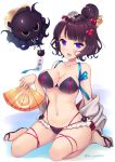  1girl :d animal bangs bare_shoulders bikini black_bikini black_footwear blush breasts cleavage collarbone commentary_request eyebrows_visible_through_hair fan fate/grand_order fate_(series) folding_fan hair_bun hair_ornament hat highres holding holding_fan jacket katsushika_hokusai_(fate/grand_order) ko_yu large_breasts long_sleeves navel octopus open_clothes open_jacket open_mouth purple_hair sandals sitting smile solo swimsuit translation_request twitter_username v-shaped_eyebrows violet_eyes wariza white_background white_jacket wide_sleeves wind_chime yellow_hat 