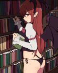  1girl alternate_eye_color armband ass back black_panties black_vest blurry blurry_background book bookshelf bottomless breasts demon_tail demon_wings error fang_out from_side hair_between_eyes highres holding holding_book indoors juliet_sleeves koakuma light long_sleeves looking_at_viewer looking_to_the_side maroon_eyes maroon_neckwear marsen medium_breasts panties pointy_ears puffy_sleeves redhead reflective_eyes shiny shiny_hair shirt solo standing string_panties tail thighs touhou underwear vest white_shirt wings 