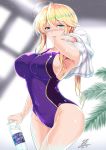  1girl ahoge artoria_pendragon_(all) artoria_pendragon_(lancer) bangs blonde_hair blue_swimsuit blush bottle breasts collarbone competition_swimsuit covered_navel fate/grand_order fate_(series) green_eyes highres holding large_breasts leaf long_hair one-piece_swimsuit open_mouth rei_no_pool sidelocks signature smile solo swept_bangs swimsuit towel wet yasakani_an 