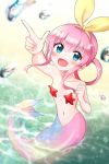  1girl :d arm_up bangs bare_arms bare_shoulders beach blue_eyes blurry blurry_background blurry_foreground blush breasts collarbone day depth_of_field eyebrows_visible_through_hair hair_between_eyes hair_ribbon hair_rings index_finger_raised mermaid monster_girl monsterification mugi_(iccomae) navel open_mouth outdoors pink_hair ribbon sand sherlock_shellingford sidelocks small_breasts smile solo starfish tantei_opera_milky_holmes twitter_username water water_drop yellow_ribbon 