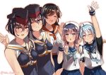  5girls black_hair blue_eyes blue_hair blush breasts brown_eyes closed_eyes closed_mouth commentary_request eyebrows_visible_through_hair hair_between_eyes hat i-13_(kantai_collection) i-14_(kantai_collection) i-400_(kantai_collection) imamura_ayaka juurouta kantai_collection long_hair looking_at_viewer medium_hair miniskirt multicolored_hair multiple_girls neckerchief one_eye_closed peaked_cap purple_hair red_eyes sado_(kantai_collection) school_swimsuit school_uniform seiyuu_connection skirt small_breasts smile swimsuit tsushima_(kantai_collection) 