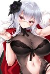  1girl alternate_costume azur_lane bangs belly black_flower black_swimsuit bracelet breasts cleavage coat crossed_bangs eyebrows_visible_through_hair flower fur-trimmed_coat fur_trim graf_zeppelin_(azur_lane) groin hair_between_eyes hair_flower hair_ornament hand_up jacket_on_shoulders jewelry kure_masahiro large_breasts long_hair looking_at_viewer messy_hair midriff navel navel_cutout one-piece_swimsuit parted_lips red_eyes revealing_clothes see-through sidelocks silver_hair sitting solo stomach swimsuit wrist_straps 