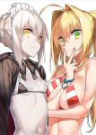  &gt;:) 2girls 92m ahoge artoria_pendragon_(all) artoria_pendragon_(swimsuit_rider_alter) asymmetrical_docking between_breasts bikini_top black_bikini_top blonde_hair bracelet breast_hold breast_press breasts commentary_request criss-cross_halter eyebrows_visible_through_hair fate/grand_order fate_(series) fingers_to_mouth frill_trim green_eyes grey_hair hair_intakes halterneck jacket jewelry large_breasts long_hair looking_at_viewer maid_headdress multiple_girls navel nero_claudius_(fate)_(all) nero_claudius_(swimsuit_caster)_(fate) open_clothes open_jacket short_hair sidelocks simple_background small_breasts striped_bikini_top twintails v white_background yellow_eyes 