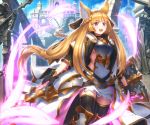  1girl :d bangs black_choker black_gloves black_legwear blonde_hair blue_sky blurry braid breastplate breasts building choker coat day depth_of_field erune eyebrows_visible_through_hair faulds floating_hair french_braid gloves glowing glowing_sword glowing_weapon granblue_fantasy greaves hair_ornament high_collar highres holding holding_shield holding_sword holding_weapon kaina_(tsubasakuronikuru) long_hair looking_at_viewer open_clothes open_coat open_mouth outdoors pillar shield shiny shiny_hair sideboob sidelocks sky smile solo standing statue sword thigh-highs upper_teeth very_long_hair violet_eyes weapon white_coat yuisis_(granblue_fantasy) 