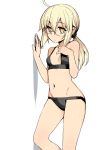  1girl absurdres against_wall ahoge artoria_pendragon_(all) bikini black_bikini blonde_hair breasts contrapposto expressionless fate/grand_order fate_(series) glasses hair_between_eyes hand_up highres looking_at_viewer low_ponytail mysterious_heroine_x_(alter) namonashi navel rimless_eyewear sidelocks simple_background small_breasts solo swimsuit white_background yellow_eyes 