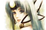  1girl android blue_eyes blue_hair collar commentary_request cyborg face fm77_(artist) forehead_protector kos-mos long_hair looking_at_viewer solo xenosaga 