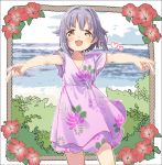  1girl :d beach blue_sky blush border bush clouds collarbone commentary contrapposto cowboy_shot day dress feet_out_of_frame floral_print flower hibiscus idolmaster idolmaster_cinderella_girls koshimizu_sachiko lavender_dress layered_dress looking_at_viewer ocean open_mouth orange_eyes outdoors outstretched_arms purple_hair rope short_hair short_sleeves sky smile solo spread_arms yukie_(kusaka_shi) 