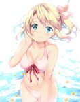  1girl bare_arms bare_shoulders bikini blonde_hair blue_eyes breasts cleavage collarbone commentary_request flower hair_ribbon hand_up head_tilt long_hair navel orange_flower original pink_bikini ribbon solo suihi swimsuit water water_surface white_background white_ribbon 