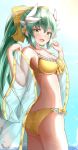  1girl :d absurdres ass bangs bikini blue_sky blush bow breasts cleavage clouds collarbone commentary_request day dragon_horns eyebrows_visible_through_hair fate/grand_order fate_(series) green_hair hair_between_eyes hair_bow hair_ornament hands_up high_ponytail highres horizon horns kiyohime_(fate/grand_order) kiyohime_(swimsuit_lancer)_(fate) large_breasts long_hair looking_at_viewer moyoron ocean off_shoulder open_mouth outdoors ponytail see-through sky smile solo swimsuit very_long_hair water yellow_bikini yellow_bow yellow_eyes 