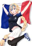  arms_up black_legwear blush eyebrows_visible_through_hair facepaint fate/grand_order fate_(series) french_flag headpiece jeanne_d&#039;arc_(fate) jeanne_d&#039;arc_(fate)_(all) long_braid long_hair midriff navel nike ripi_ur shoes smile sneakers soccer soccer_uniform sportswear standing standing_on_one_leg thigh-highs very_long_hair violet_eyes white_background world_cup 