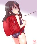  1girl artist_logo asashio_(kantai_collection) ass backpack bag black_hair blue_eyes blue_swimsuit collar commentary_request cowboy_shot d dated empty_eyes from_behind gradient gradient_background grey_background highres kanon_(kurogane_knights) kantai_collection leash long_hair looking_at_viewer looking_back randoseru school_swimsuit solo swimsuit 