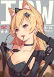  1girl animal_ears artist_name bangs bare_shoulders black_dress black_gloves blonde_hair blue_eyes blush breasts cat_ears character_name choker cleavage collarbone dress elbow_gloves eyebrows_visible_through_hair eyewear_removed girls_frontline gloves gun hair_between_eyes hair_ornament head_tilt highres holding holding_eyewear holding_gun holding_weapon idw_(girls_frontline) long_hair looking_at_viewer open_mouth smile strapless strapless_dress sunglasses union_jack weapon yellowpaint. 