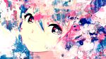  1girl abstract abstract_background blue_hair close-up closed_mouth face hair_between_eyes hatsune_miku head_tilt limited_palette looking_at_viewer meola multicolored multicolored_eyes paint_splatter smile solo tagme vocaloid 