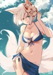  1girl angry_num animal_ears azur_lane bangs bare_shoulders bikini blue_eyes blue_sarong blue_sky blush breasts cleavage closed_mouth clouds collarbone cowboy_shot day fox_ears fox_mask fox_tail groin hand_on_own_thigh hand_up head_tilt kaga_(azur_lane) large_breasts looking_at_viewer mask navel outdoors sarong short_hair sidelocks signature skindentation sky smile solo stomach swimsuit tail white_bikini 